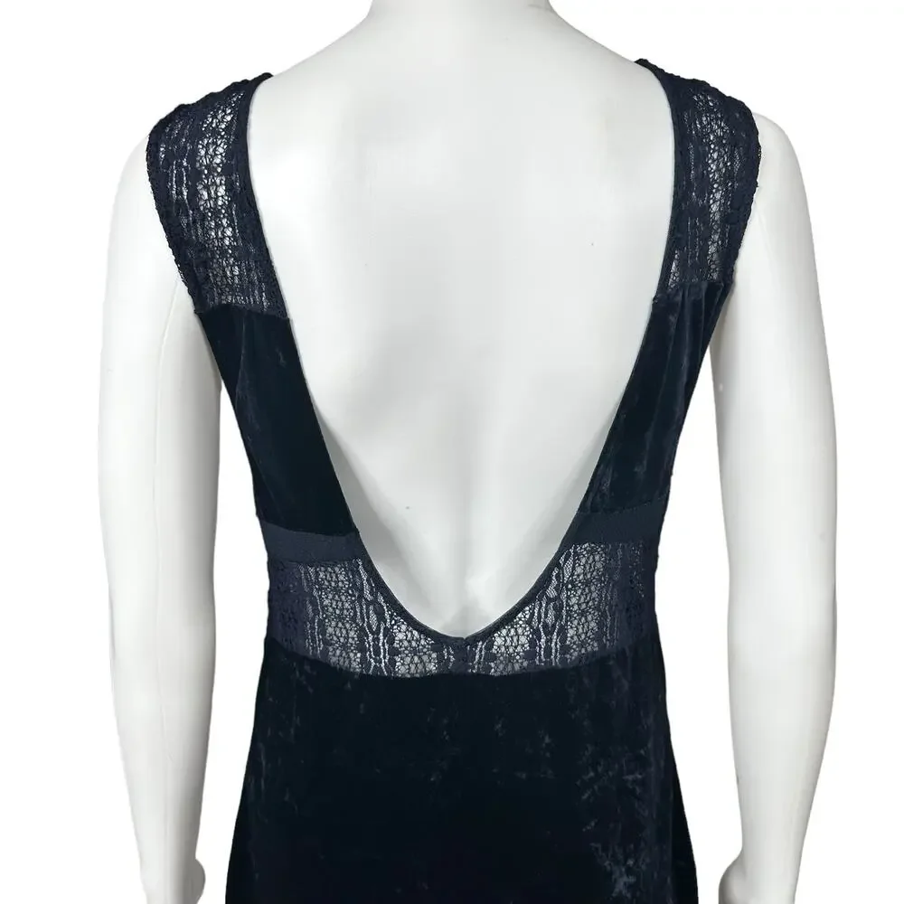 Free People Crushed Velvet Sheer Lace Blue Maxi Dress Large Fairy Witchy Gothic - Picture 7 of 16